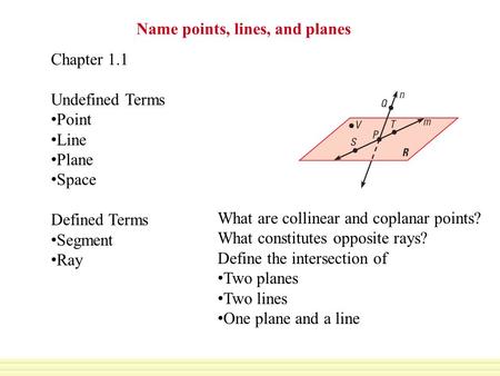 Name points, lines, and planes Chapter 1.1 Undefined Terms Point Line Plane Space Defined Terms Segment Ray What are collinear and coplanar points? What.