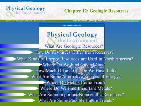 Chapter 12: Geologic Resources Visit the Online Learning Centre at www.mcgrawhill.ca/college/plummerwww.mcgrawhill.ca/college/plummer Chapter 12: Geologic.