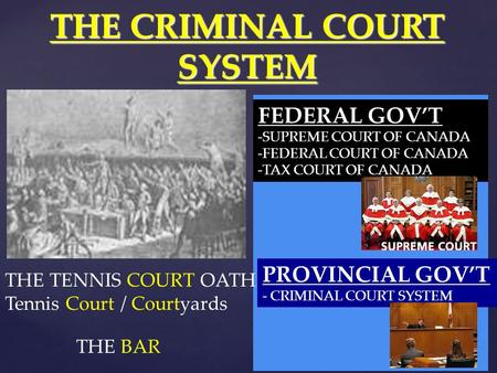 THE CRIMINAL COURT SYSTEM THE TENNIS COURT OATH Tennis Court / Courtyards THE BAR FEDERAL GOV’T -SUPREME COURT OF CANADA -FEDERAL COURT OF CANADA -TAX.