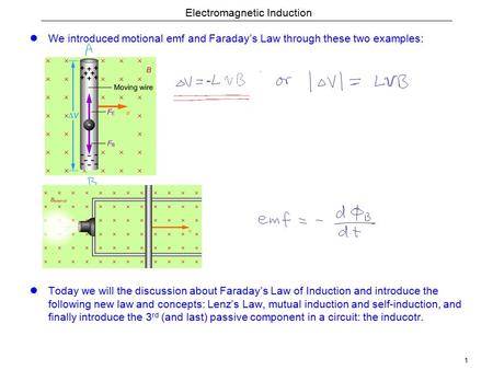 1 Electromagnetic Induction We introduced motional emf and Faraday’s Law through these two examples: Today we will the discussion about Faraday’s Law of.