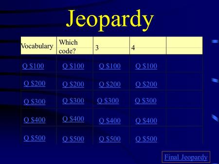 Jeopardy Vocabulary Which code? 34 Q $100 Q $200 Q $300 Q $400 Q $500 Q $100 Q $200 Q $300 Q $400 Q $500 Final Jeopardy.