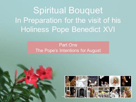 Spiritual Bouquet In Preparation for the visit of his Holiness Pope Benedict XVI Part One The Pope’s Intentions for August.