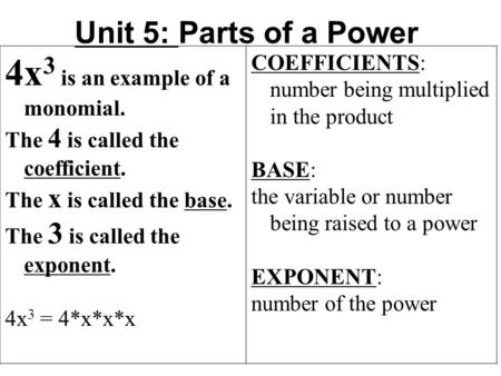 Unit 5: Parts of a Power 4x 3 is an example of a monomial. The 4 is called the coefficient. The x is called the base. The 3 is called the exponent. 4x.