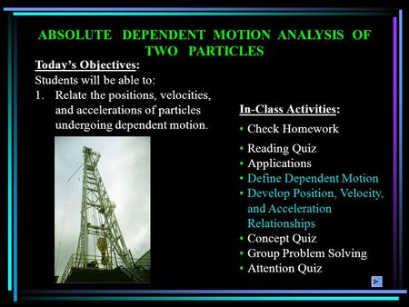 ABSOLUTE DEPENDENT MOTION ANALYSIS OF TWO PARTICLES Today’s Objectives: Students will be able to: 1.Relate the positions, velocities, and accelerations.