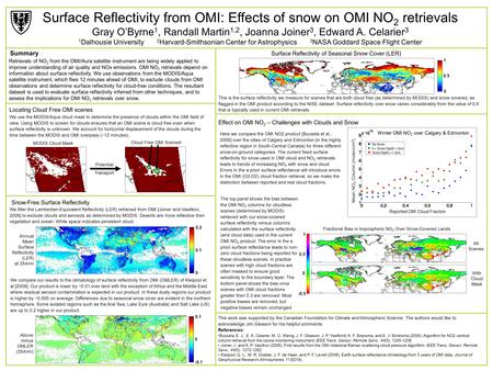 Surface Reflectivity from OMI: Effects of snow on OMI NO 2 retrievals Gray O’Byrne 1, Randall Martin 1,2, Joanna Joiner 3, Edward A. Celarier 3 1 Dalhousie.