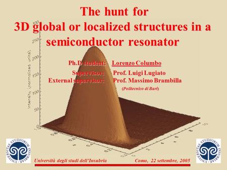 Università degli studi dell’Insubria Como, 22 settembre, 2005 The hunt for 3D global or localized structures in a semiconductor resonator Ph.D student: