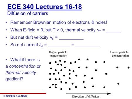 © 2012 Eric Pop, UIUCECE 340: Semiconductor Electronics ECE 340 Lectures 16-18 Diffusion of carriers Remember Brownian motion of electrons & holes! When.