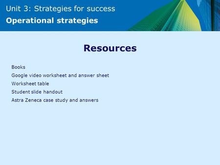 Unit 3: Strategies for success Operational strategies Resources Books Google video worksheet and answer sheet Worksheet table Student slide handout Astra.