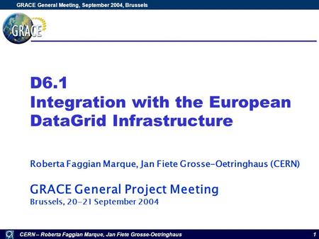 CERN – Roberta Faggian Marque, Jan Fiete Grosse-Oetringhaus GRACE General Meeting, September 2004, Brussels 1 D6.1 Integration with the European DataGrid.