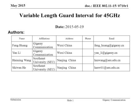 Doc.: IEEE 802.11-15/ 0710r1 Submission May 2015 Gigaray Communication Variable Length Guard Interval for 45GHz Date: 2015-05-19 Authors: NameAffiliationsAddressPhoneEmail.