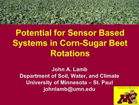 Potential for Sensor Based Systems in Corn-Sugar Beet Rotations John A. Lamb Department of Soil, Water, and Climate University of Minnesota – St. Paul.