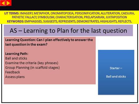 AS – Learning to Plan for the last question Learning Question: Can I plan effectively to answer the last question in the exam? Learning Path: Ball and.