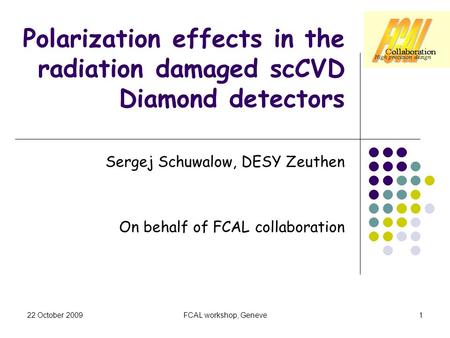 22 October 2009FCAL workshop, Geneve1 Polarization effects in the radiation damaged scCVD Diamond detectors Sergej Schuwalow, DESY Zeuthen On behalf of.