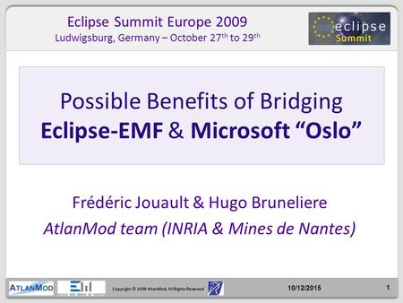 Copyright © 2009 AtlanMod. All Rights Reserved Frédéric Jouault & Hugo Bruneliere AtlanMod team (INRIA & Mines de Nantes) Possible Benefits of Bridging.