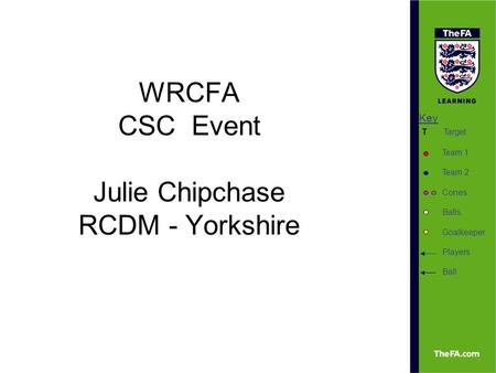 Key Target Team 1 Team 2 Cones Balls Goalkeeper Players Ball T WRCFA CSC Event Julie Chipchase RCDM - Yorkshire.