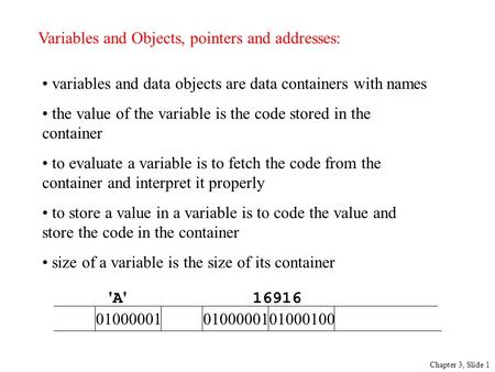 Variables and Objects, pointers and addresses: Chapter 3, Slide 1 variables and data objects are data containers with names the value of the variable is.