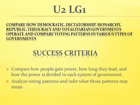  Compare how people gain power, how long they lead, and how the power is divided in each system of government.  Analyze voting patterns and infer what.