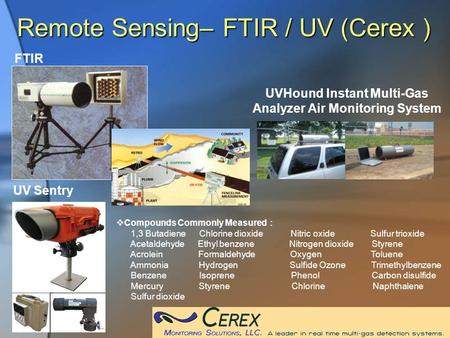 Remote Sensing– FTIR / UV (Cerex ) UV Sentry  Compounds Commonly Measured ： 1,3 Butadiene Chlorine dioxide Nitric oxide Sulfur trioxide Acetaldehyde Ethyl.