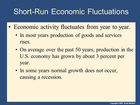 Copyright © 2004 South-Western Short-Run Economic Fluctuations Economic activity fluctuates from year to year. In most years production of goods and services.