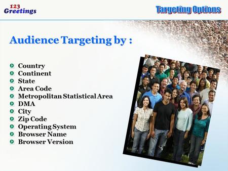 Audience Targeting by : CountryContinentState Area Code Metropolitan Statistical Area DMACity Zip Code Operating System Browser Name Browser Version.
