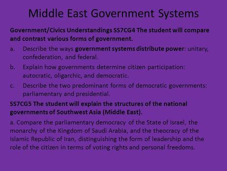 Middle East Government Systems Government/Civics Understandings SS7CG4 The student will compare and contrast various forms of government. a.Describe the.