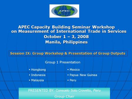 APEC Capacity Building Seminar Workshop on Measurement of International Trade in Services October 1 – 3, 2008 Manila, Philippines Group 1 Presentation.