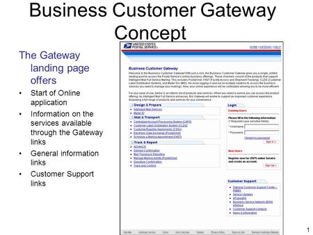 1 Business Customer Gateway Concept The Gateway landing page offers Start of Online application Information on the services available through the Gateway.