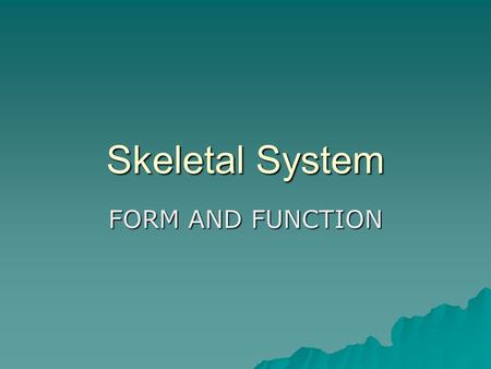 Skeletal System FORM AND FUNCTION. Skeletal system: The Framework  Two basic parts –Cartilage  Cartilage graft –Bone.
