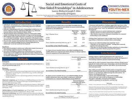 Social and Emotional Costs of “One-Sided Friendships” in Adolescence. Lauren Molloy & Joseph P. Allen University of Virginia We would like to thank the.