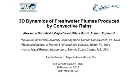 3D Dynamics of Freshwater Plumes Produced by Convective Rains Alexander Soloviev a,b, Cayla Dean a, Silvia Matt a,c, Atsushi Fujimura b a Nova Southeastern.