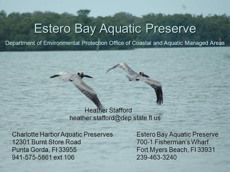 Heather Stafford Estero Bay Aquatic Preserve 700-1 Fisherman’s Wharf Fort Myers Beach, Fl 33931 239-463-3240 Charlotte Harbor Aquatic Preserves 12301 Burnt.
