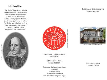 Experience Shakespeare’s Globe Theatre By: Mindy M. Wara October 5, 2010  Brief Globe History The.
