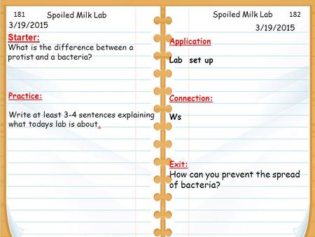 3/19/2015 Starter: What is the difference between a protist and a bacteria? Spoiled Milk Lab 3/19/2015 Spoiled Milk Lab Application Lab set up Connection: