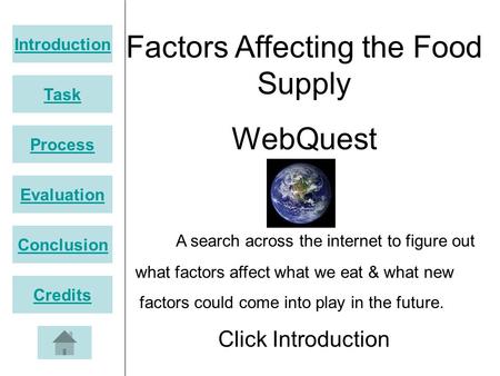 Introduction Task Process Evaluation Conclusion Credits Factors Affecting the Food Supply WebQuest A search across the internet to figure out what factors.