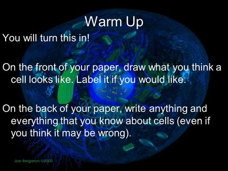 Warm Up You will turn this in! On the front of your paper, draw what you think a cell looks like. Label it if you would like. On the back of your paper,