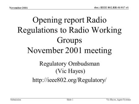 Doc.: IEEE 802.RR-01/017-r1 Submission November 2001 Vic Hayes, Agere SystemsSlide 1 Opening report Radio Regulations to Radio Working Groups November.