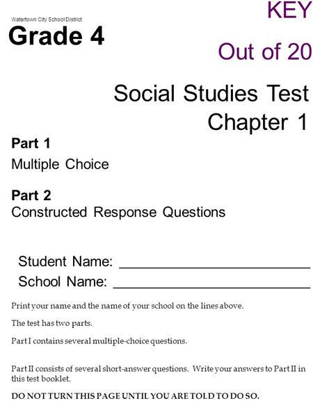 Grade 4 KEY Out of 20 Social Studies Test Chapter 1 Part 1