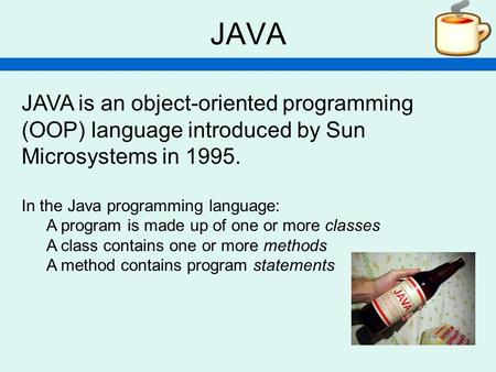 JAVA JAVA is an object-oriented programming (OOP) language introduced by Sun Microsystems in 1995. In the Java programming language: A program is made.