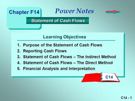 C14 - 1 Learning Objectives Power Notes 1.Purpose of the Statement of Cash Flows 2.Reporting Cash Flows 3.Statement of Cash Flows – The Indirect Method.