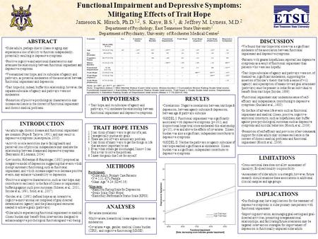 Functional Impairment and Depressive Symptoms: Mitigating Effects of Trait Hope Jameson K. Hirsch, Ph.D. 1,2, S. Kaye, B.S. 1, & Jeffrey M. Lyness, M.D.