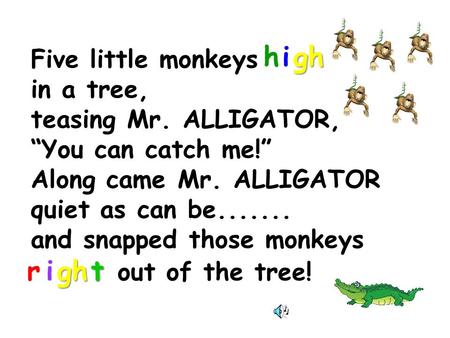 Five little monkeys in a tree, teasing Mr. ALLIGATOR, “You can catch me!” Along came Mr. ALLIGATOR quiet as can be....... and snapped those monkeys out.