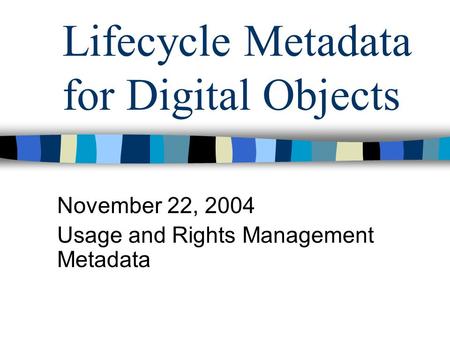 Lifecycle Metadata for Digital Objects November 22, 2004 Usage and Rights Management Metadata.