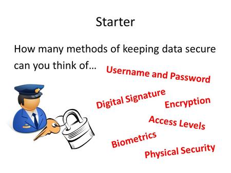 Starter How many methods of keeping data secure can you think of… Username and Password Biometrics Digital Signature Encryption Access Levels Physical.