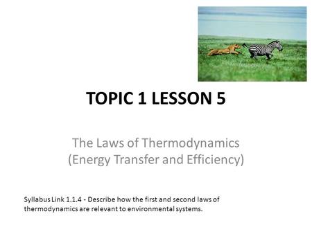 TOPIC 1 LESSON 5 The Laws of Thermodynamics (Energy Transfer and Efficiency) Syllabus Link 1.1.4 - Describe how the first and second laws of thermodynamics.