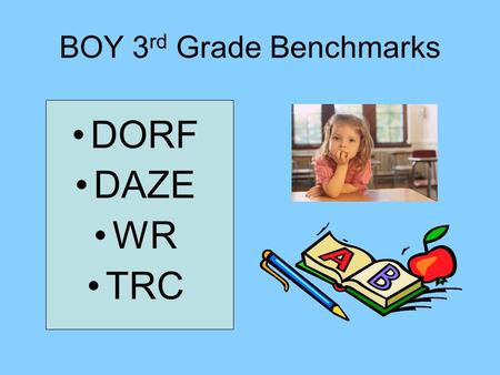 BOY 3 rd Grade Benchmarks DORF DAZE WR TRC. General Scoring Guidelines SCHWA: No penalty for schwa sound /u/ added to consonant sounds. (“buh” for /b/)