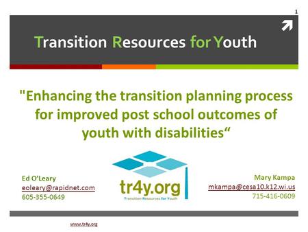  Transition Resources for Youth Enhancing the transition planning process for improved post school outcomes of youth with disabilities“ Mary Kampa