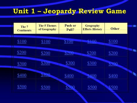 Unit 1 – Jeopardy Review Game The 7 Continents The 5 Themes of Geography Push or Pull? Geography Effects History Other $100 $200 $300 $400 $500 $100 $200.