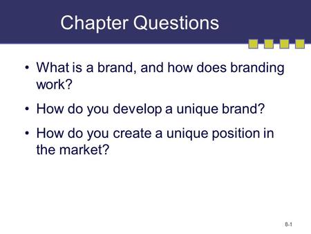 Chapter Questions What is a brand, and how does branding work? How do you develop a unique brand? How do you create a unique position in the market? ©