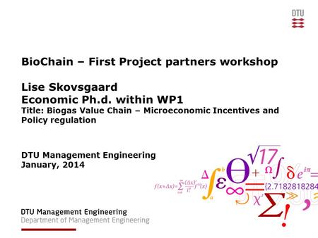 BioChain – First Project partners workshop Lise Skovsgaard Economic Ph.d. within WP1 Title: Biogas Value Chain – Microeconomic Incentives and Policy regulation.