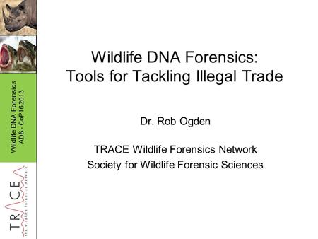 Wildlife DNA Forensics ADB - CoP16 2013 Wildlife DNA Forensics: Tools for Tackling Illegal Trade Dr. Rob Ogden TRACE Wildlife Forensics Network Society.